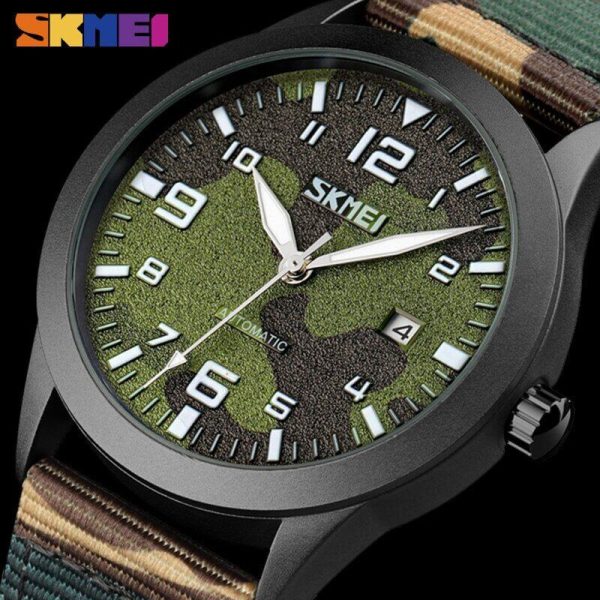 SKMEI 9246 Men's Automatic Mechanical Hollow Dial Luminous Nylon Strap Date Display Watch - Camouflage Green - Image 3