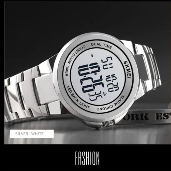 SKMEI 1712 Digital 2 Time Stainless Steel Fashion LED Waterproof Watch For Men - Silver - Image 2