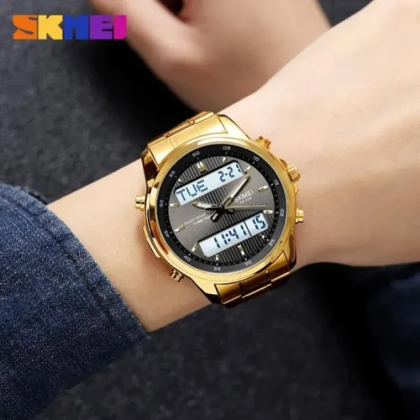 SKMEI 2049 Fashion Dual Display Multifunction Date Week Display Stainless Steel Watch For Men - White/Golden - Image 2