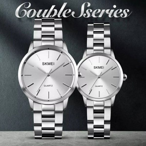 SKMEI 1694 1695 Top Luxury Quartz Movement Stainless Steel Couple Watch - Silver