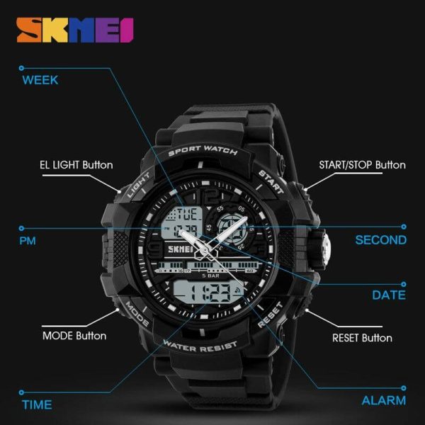 SKMEI 1164 Sports Digital LED Dual Display Alarm Chrono Backlight Waterproof Watches For Men - Black - Image 5