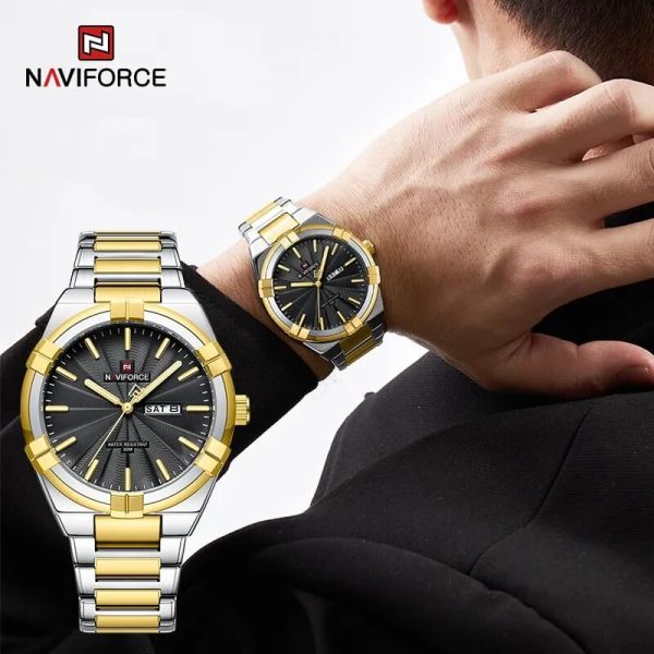 NaviForce NF9218 Fashion Simple Elegant Stainless Steel Day Date Display Watch For Men - Silver/Golden Black - Image 2