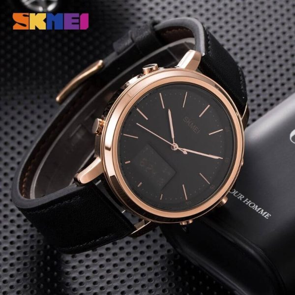 Skmei 1652 Men's Casual Dual Movement LED Light Display Leather Strap Wristwatch - Black/RoseGold - Image 2