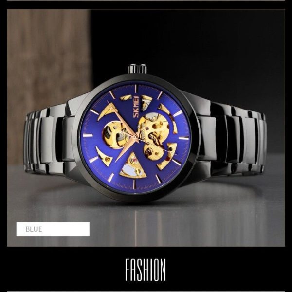 SKMEI 9243 Casual Men's Automatic Mechanical Fashion Hollow Dial Stainless Steel Strap Watch - Blue/Black - Image 3