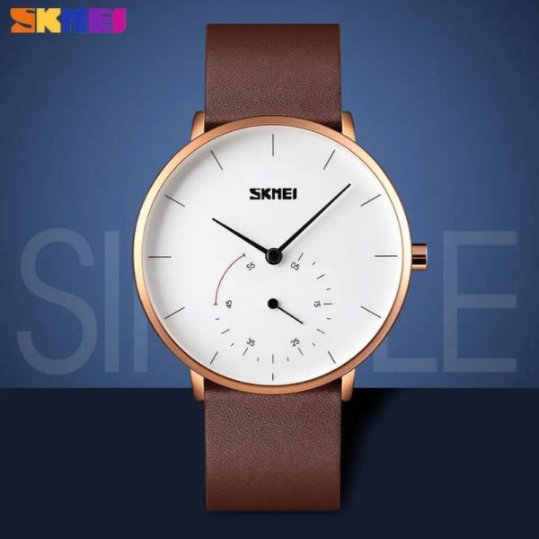 SKMEI 9213 Minimalist Quartz Classic Leather Casual Watch For Men - White/Brown - Image 2