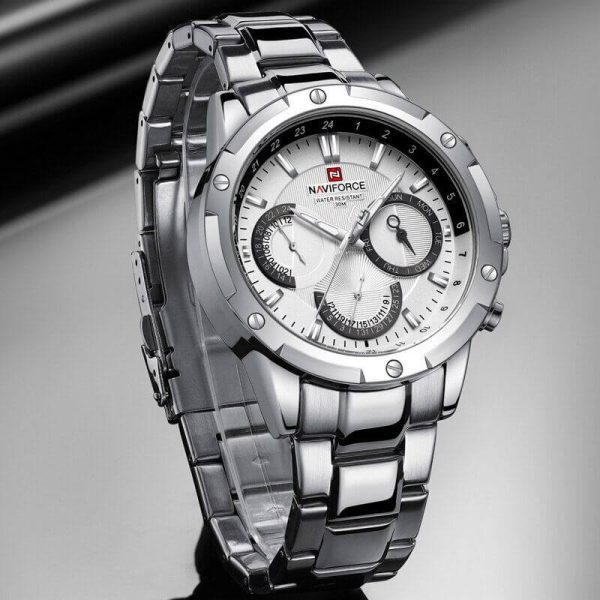 NAVIFORCE NF9196 Men's Quartz Stainless Steel Chronograph Complete Calendar Wristwatch - Silver - Image 3