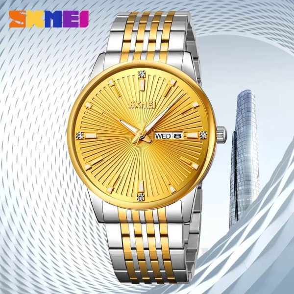 SKMEI 9323 Men's Texture With Fashion Day Date Display Quartz Stainless Steel Watch - Golden/Silver - Image 3