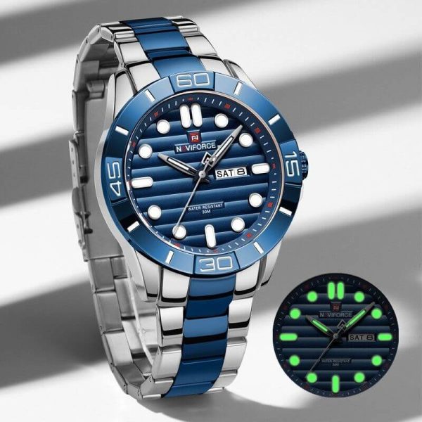 NAVIFORCE NF9198 Casual Quartz Luminous Date Week Stainless Steel Watch For Men - Blue/Silver - Image 3