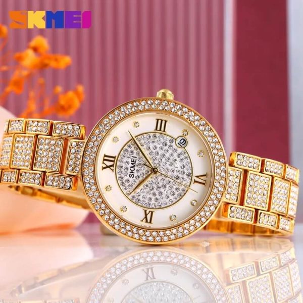 SKMEI 1739 Women's Fashion Iced Diamond Roman Numeral Index Date Display Quartz Stainless Steel Watch - Golden - Image 2