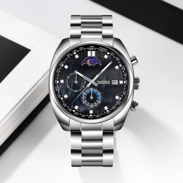 SKMEI 9325 Men's Business Moon Phase Chronograph Luminous Pointer Date Display Stainless Steel Watch - Black/Silver - Image 2