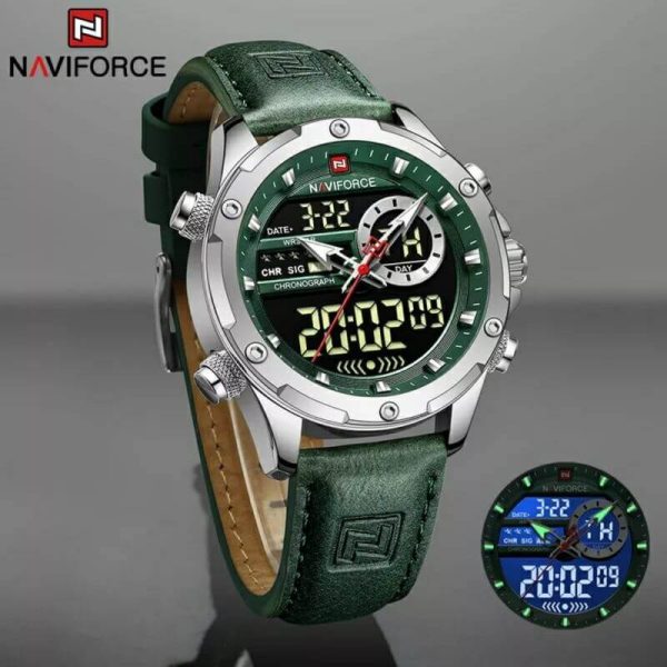 NaviForce NF9208 Men's Dual Display LCD Leather Strap Complete Calendar Wristwatch - Silver/Green - Image 2