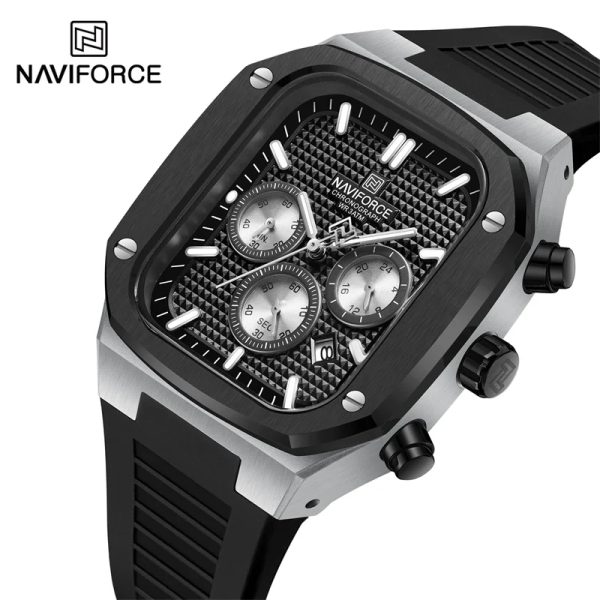 NaviForce NF8037 Classic Square Chronograph Date Display Luminous Silicon Strap Watch For Men - Black/Silver