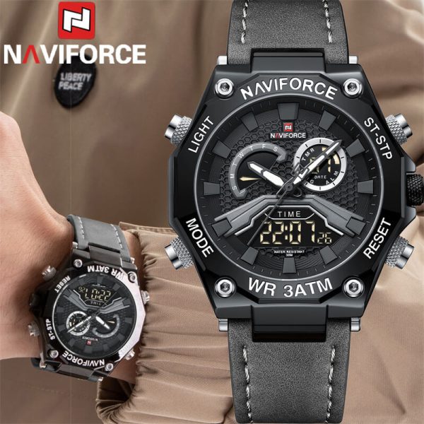 NAVIFORCE NF9220 Fashion Dual Display LED Light Chronograph Leather Strap Watch For Men - Black - Image 3