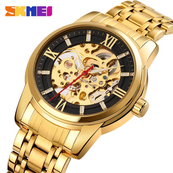 SKMEI 9222 Men's Business Skeleton Hollow Mechanical Automatic Stainless Steel Wristwatch - Black/Golden