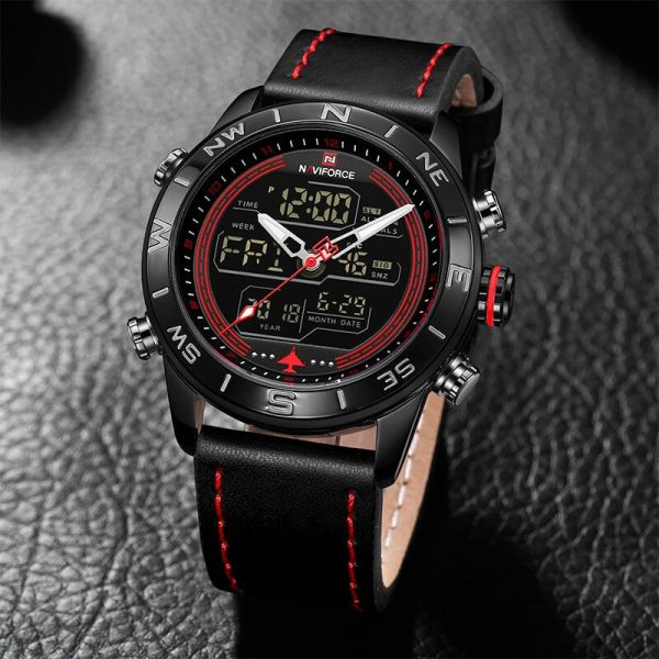 NaviForce NF9144 Double Time Digital/Analog Quartz Watch for Men – Red/Black - Image 3