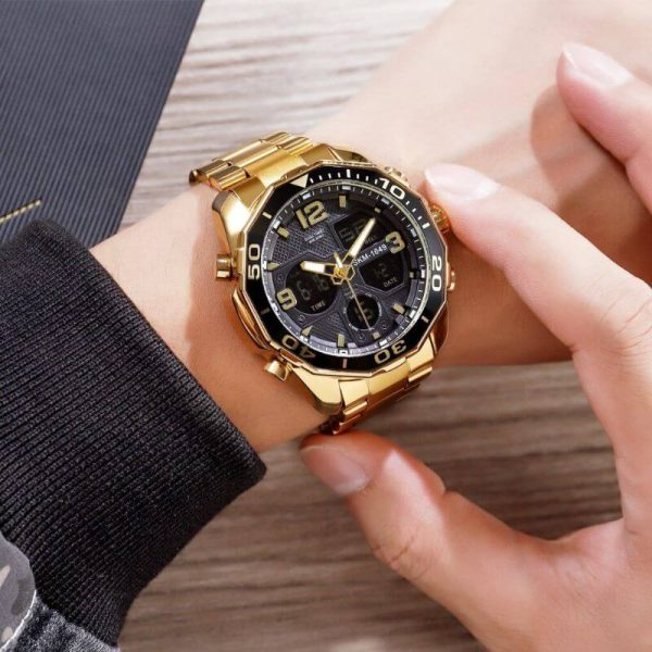 SKMEI 1649 Men's LED Light Digital Analog Day Date Function Stainless Steel Watch - Golden - Image 2