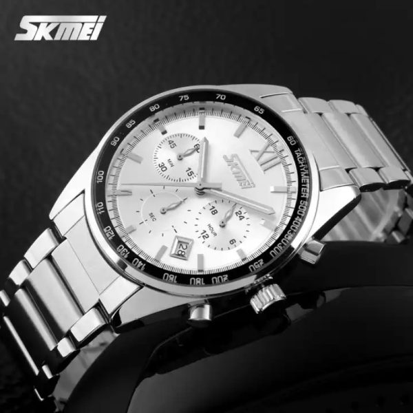 SKMEI 9096 Men's Business Full Stainless Steel Analog Date Display Chronograph Wristwatch - Silver - Image 2