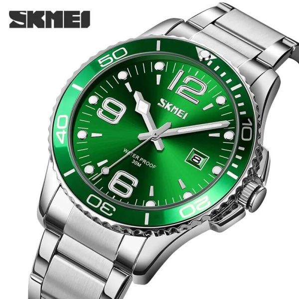 SKMEI 9278 Men's Business Stainless Steel Date Display Quartz Watch - Green/Silver