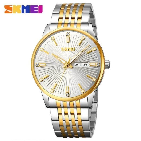 SKMEI 9323 Men's Texture With Fashion Day Date Display Quartz Stainless Steel Watch - Silver/Golden