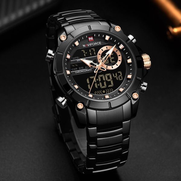 NaviForce NF9163 Double Time Luxury Business Edition Stainless Steel Watch - Black - Image 3