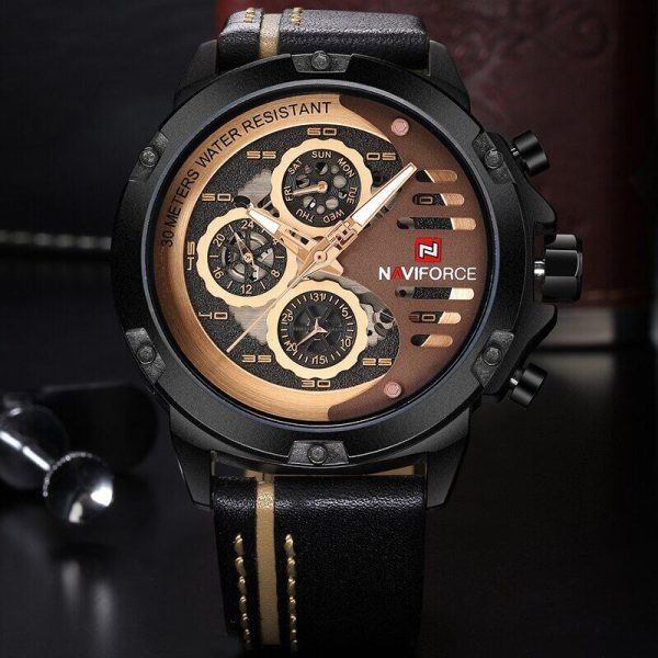 NAVIFORCE NF9110 Luxury Chronograph Analog Quartz Leather Casual Watch For Men - Golden/Black - Image 2