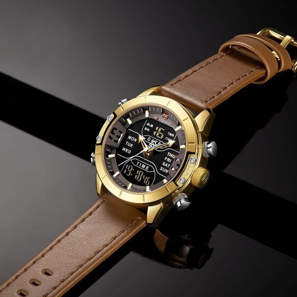 NaviForce NF9153 Double Time MultiFunction Watch with Leather Strap - Golden - Image 4