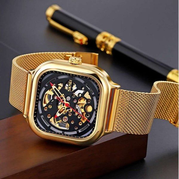 Skmei 9184 Men's Automatic Mechanical Square Dial Fashion Stainless Steel Mesh Watch - Black/Golden - Image 2