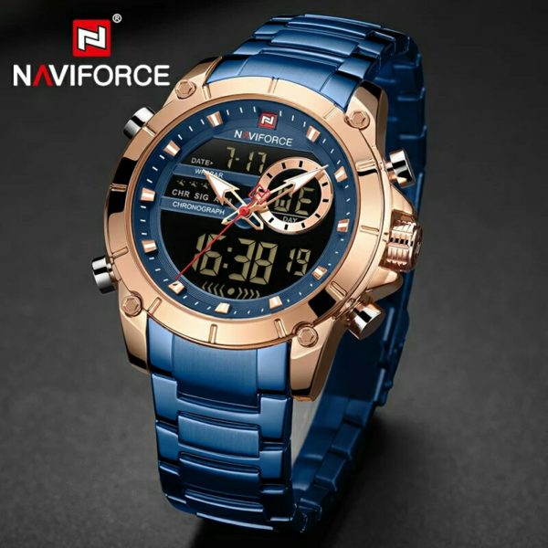 NaviForce NF9163 Double Time Luxury Business Edition Stainless Steel Watch - Blue/Rosegold - Image 3