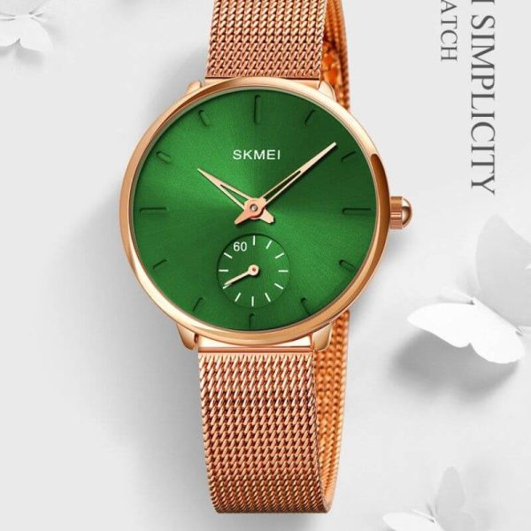 SKMEI 1791 Fashion Elegant Stainless Steel Mesh Quartz Wristwatch For Women - Green/RoseGold - Image 2