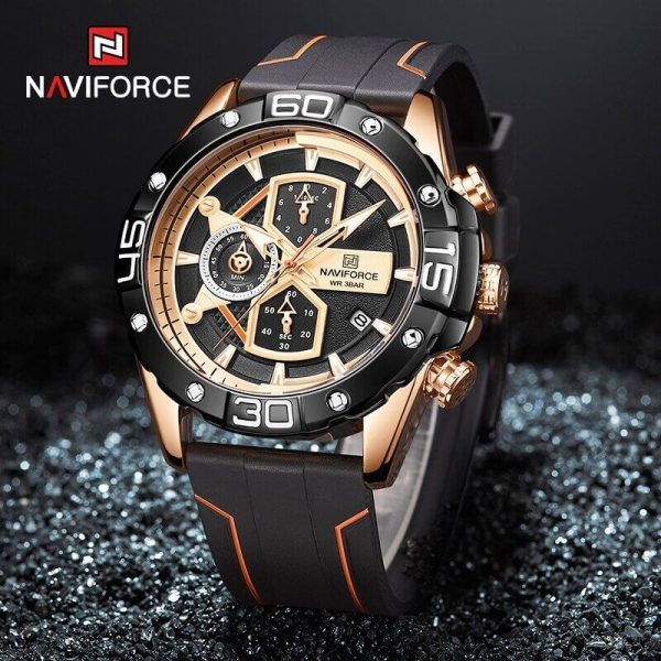 NAVIFORCE NF8018T Modern Casual Design Multi-function Silicone Strap Chronograph Watch For Men- Rosegold/Black - Image 3