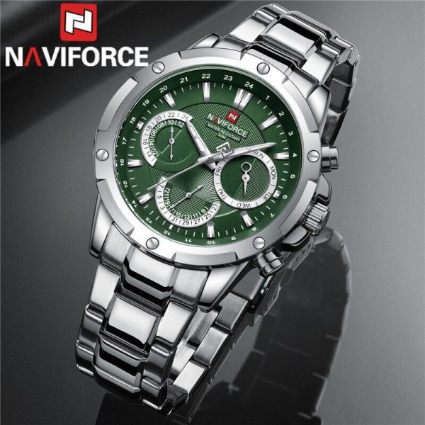 NAVIFORCE NF9196 Men's Quartz Stainless Steel Chronograph Complete Calendar Wristwatch - Green/Silver - Image 3