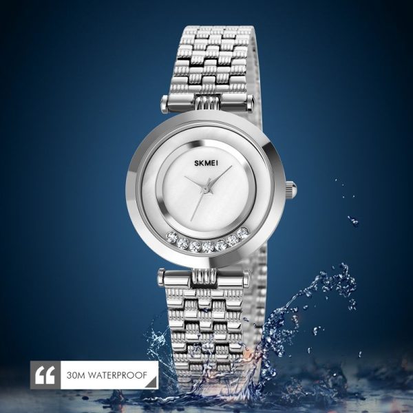 SKMEI 1784  Classic Elegant Stainless Steel Diamond Quartz Watch For Women - Silver - Image 3