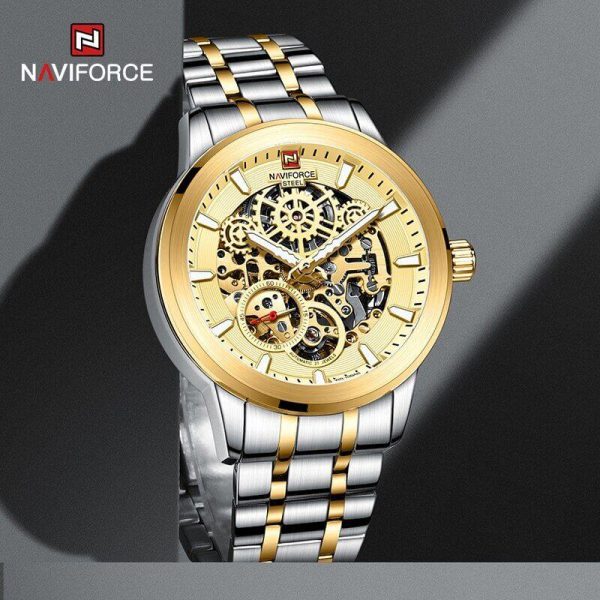 NaviForce NFS1002 Men's Self Winding Mechanical 10 ATM Waterproof Stainless Steel With Luminous Hands Chronograph Watch - Golden/Silver - Image 2