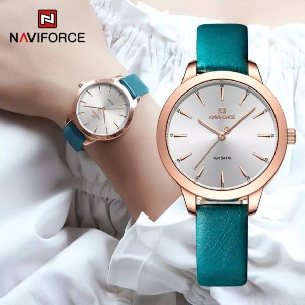 NaviForce NF5024 Simplicity Casual Numeric Leather Strap Quartz Watch For Women - Grey/Green - Image 2