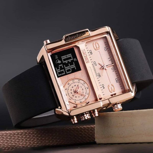 SKMEI 1584 Men's Multifunction Square Dial Digital Analog LED Chronograph Leather Strap Wristwatch - RoseGold/Black - Image 5