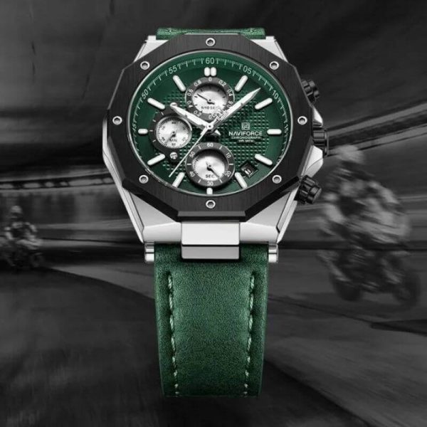 NaviForce NF8028 Men's Hexagon Dial Chronograph Complete Calendar Luminous Leather Strap Watch - Green - Image 2