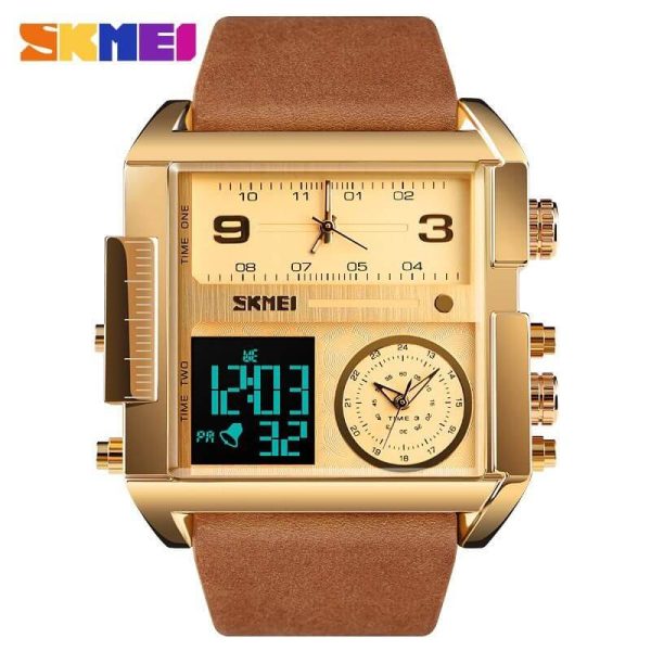 SKMEI 1391 Men's Multifunction Big Dial Square Digital Analog LED Chronograph Leather Strap Wristwatch - Golden/Brown