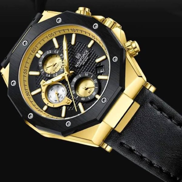 NaviForce NF8028 Men's Hexagon Dial Chronograph Complete Calendar Luminous Leather Strap Watch - Golden/Black - Image 3