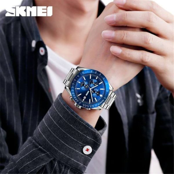 SKMEI 9253 Men's Top Luxury Chronograph Multifunction Stainless Steel Quartz Movement Watch - Silver/Blue - Image 2