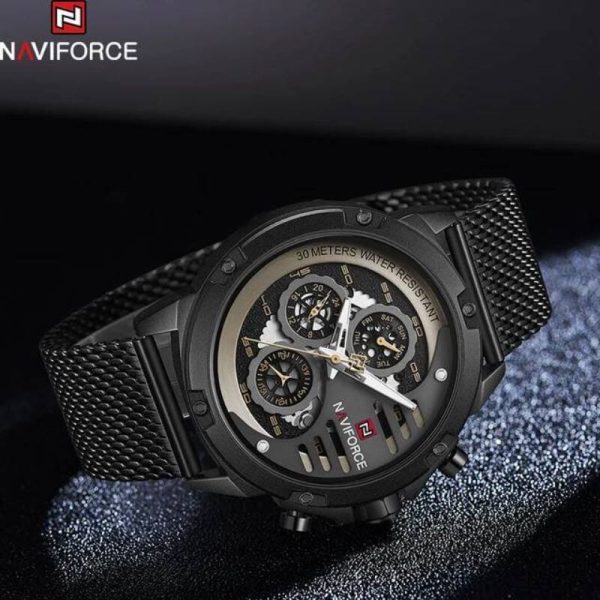 NaviForce NF9110 Luxury Chronograph Analog Quartz Mesh Stainless Steel Casual Watch For Men - Black - Image 3