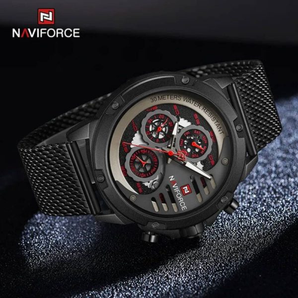 NaviForce NF9110 Luxury Chronograph Analog Quartz Mesh Stainless Steel Casual Watch For Men - Black/Red - Image 3