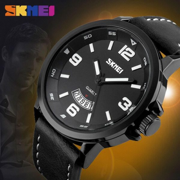 SKMEI 9115 Men's Casual Date Display Leather Strap Luminous Quartz Watch - Black - Image 3