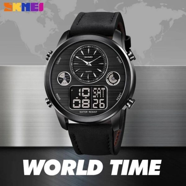 SKMEI 1653 Men's World Time Dual Display Movement LED Electronic Multifunction Leather Strap Watch - Black - Image 2