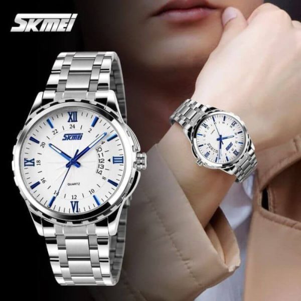 SKMEI 9069 Business Quartz Stainless Steel Roman Numeral Index Date Display Watch For Men - Silver/Blue - Image 3