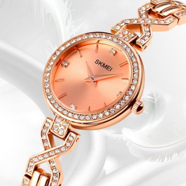 SKMEI 1738 Iced Elegant Round Dial Diamond Rhinestone Bracelet Design Stainless Steel Watch For Women - RoseGold - Image 3