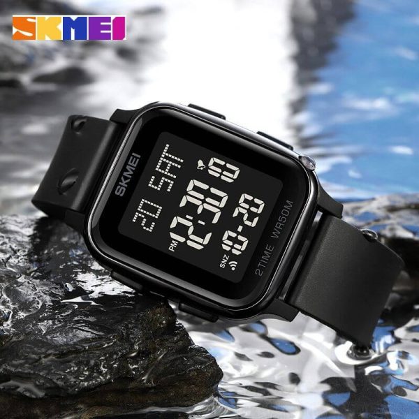 SKMEI 1858 Fashion LED Light Digital Rectangle Shape Complete Calendar Wristwatch For Men - Black - Image 4