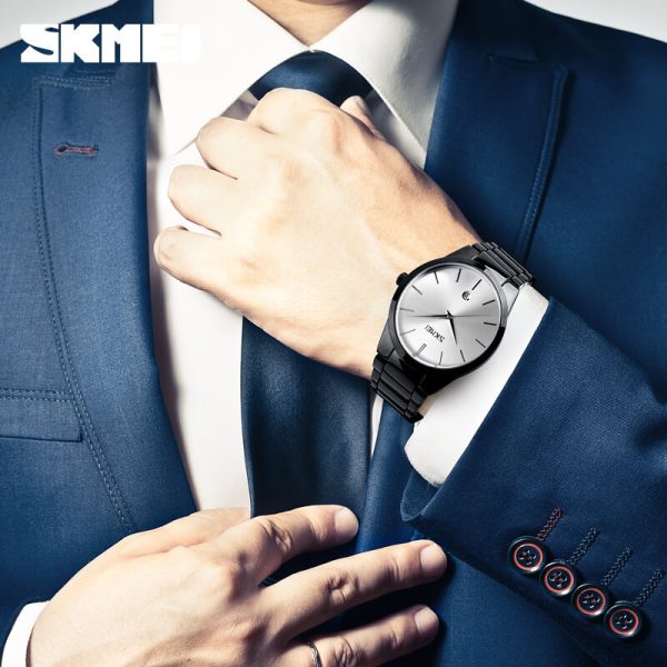 SKMEI 9140 Men's Business Stainless Steel Date Display Ultra Thin Quartz Watch - Black/White - Image 2