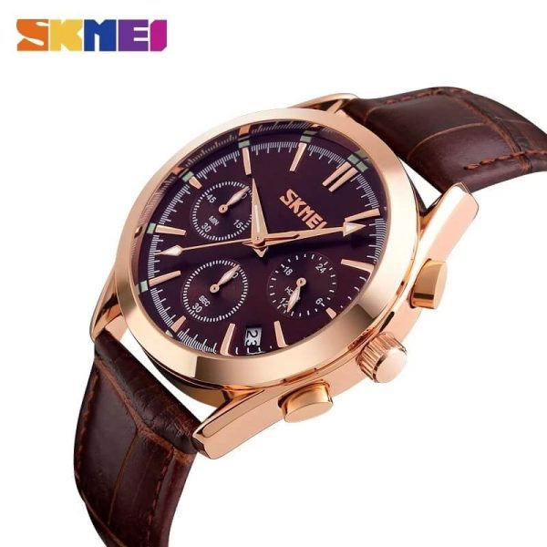 SKMEI 9127 Men's Elegant Business Analog Date Display Multifunction Leather Strap Chronograph Watch - Coffee