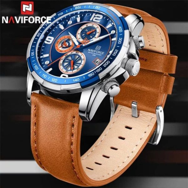 NaviForce NF8020 Fashion Multifunction Chronograph Date Display Leather Strap Wristwatch For Men - Blue/Orange - Image 3