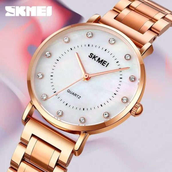 SKMEI 1840 Simple Elegant Rhinestone Round Dial Quartz Stainless Steel Watch For Women-RoseGold - Image 3